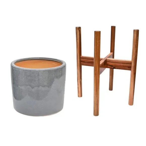 Plant Pot with Stand - Warm Grey, Ceramic