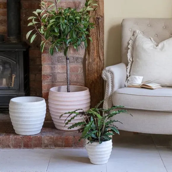 Ribbed Plant Pot - White, Terracotta