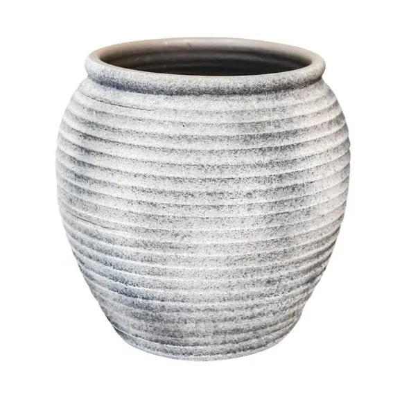 Ribbed Plant Pot with Textured Design - Grey, Ceramic