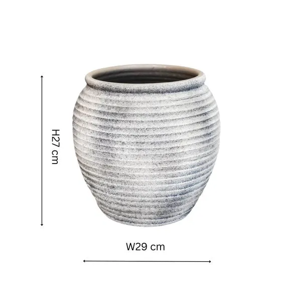 Ribbed Plant Pot with Textured Design - Grey, Ceramic