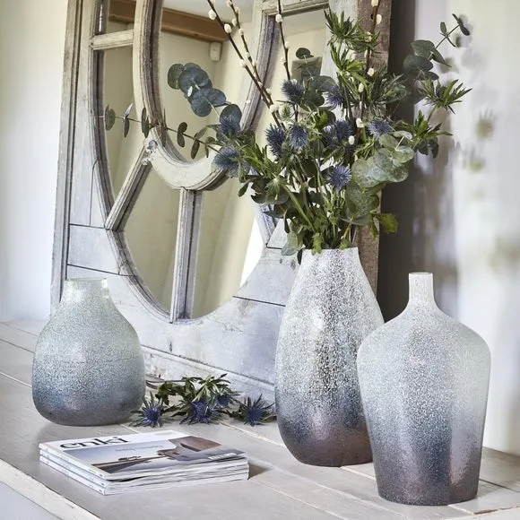 Round Glass Vase with Frosted Finish - Blue