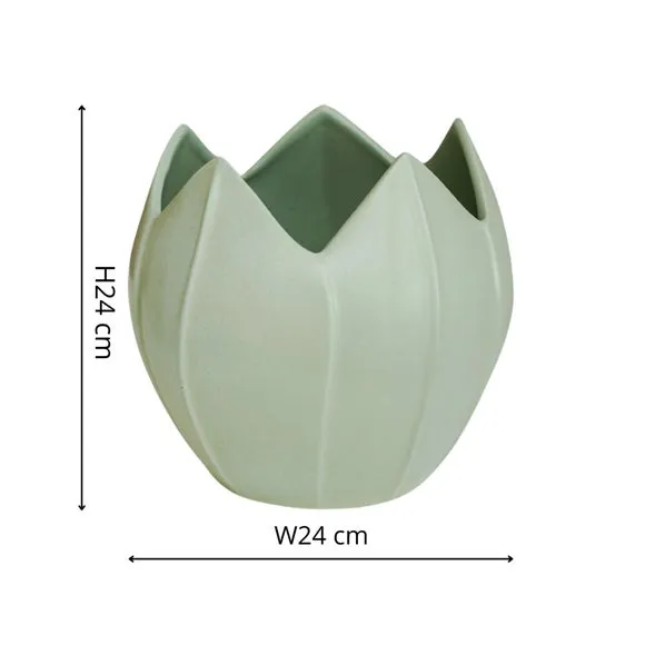 Round Plant Pot with Leaf Design - Green