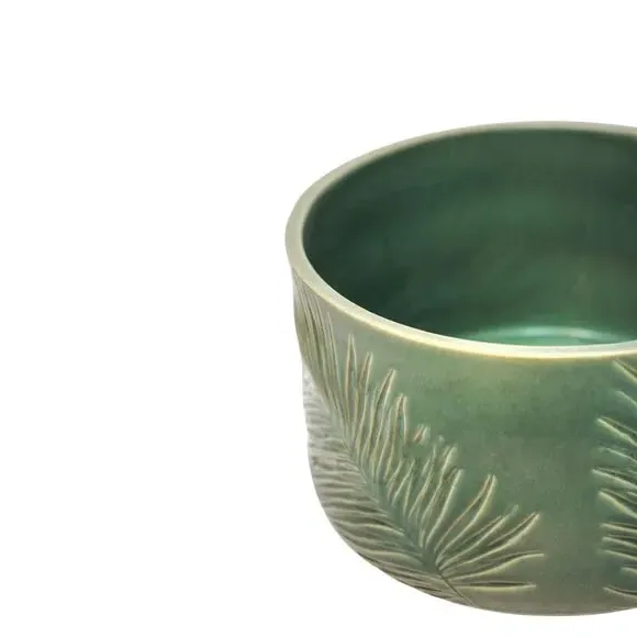 Round Plant Pot with Leaf Design - Olive, Stoneware