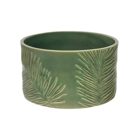 Round Plant Pot with Leaf Design - Olive, Stoneware