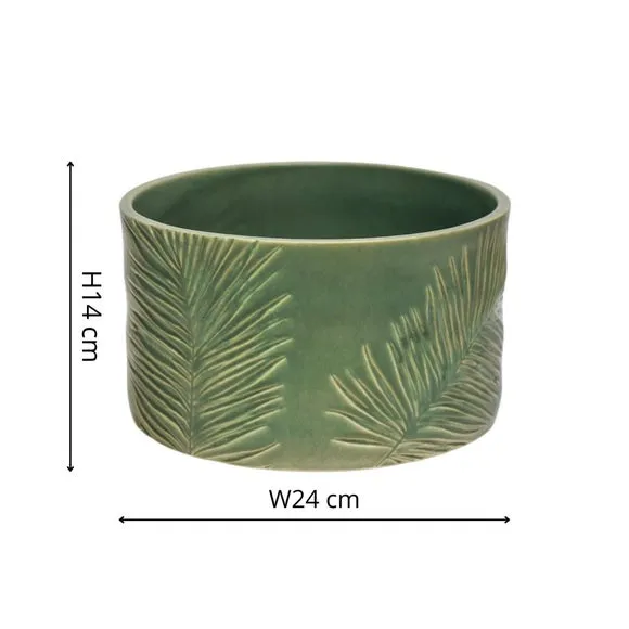 Round Plant Pot with Leaf Design - Olive, Stoneware