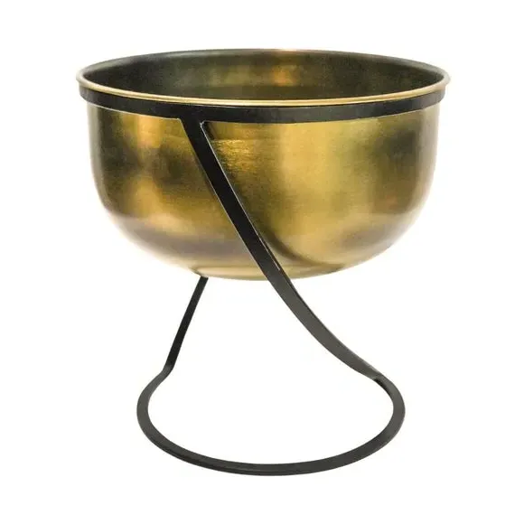 Round Plant Pot with Stand - Brass, Metal