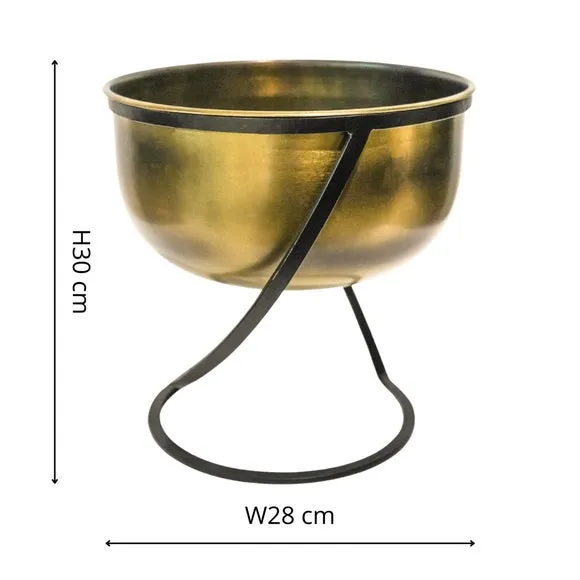 Round Plant Pot with Stand - Brass, Metal