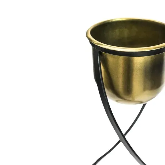 Round Plant Pot with Stand - Brass, Metal