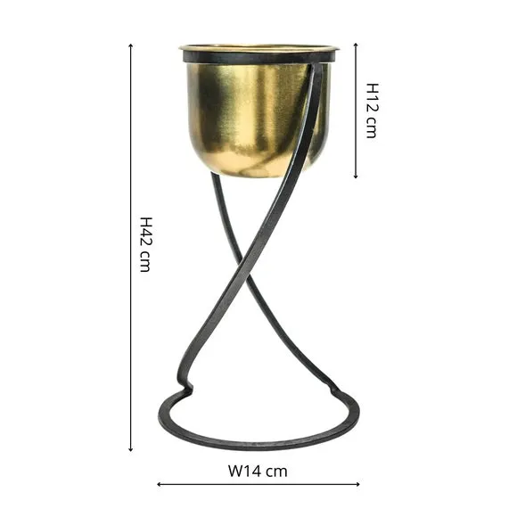 Round Plant Pot with Stand - Brass, Metal