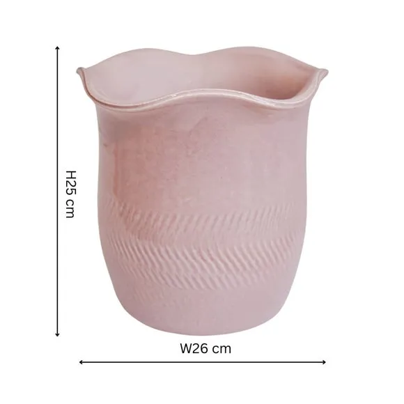 Scalloped Plant Pot with Fluted Design - Blush, Ceramic