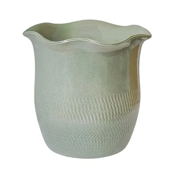 Scalloped Plant Pot with Fluted Design - Sage, Ceramic