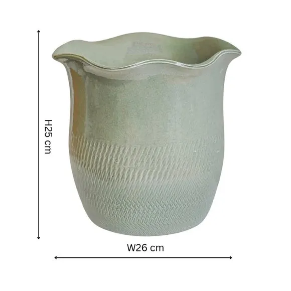 Scalloped Plant Pot with Fluted Design - Sage, Ceramic