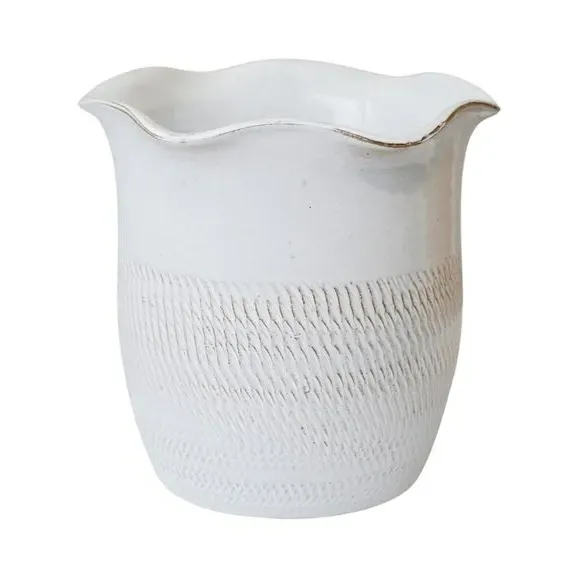 Scalloped Plant Pot with Fluted Design - White, Ceramic