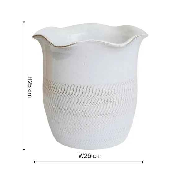 Scalloped Plant Pot with Fluted Design - White, Ceramic