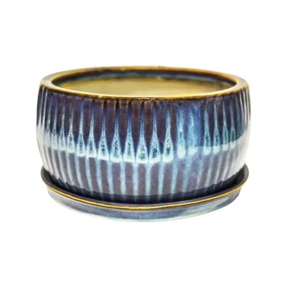 Set of 2 Round Plant Pots - Blue, Reactive Glaze