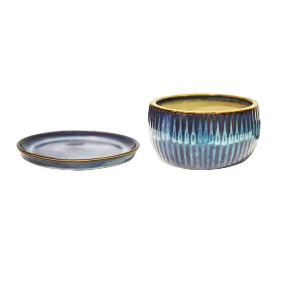 Set of 2 Round Plant Pots - Blue, Reactive Glaze