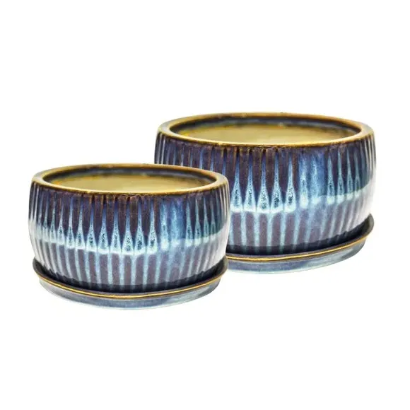Set of 2 Round Plant Pots - Blue, Reactive Glaze image