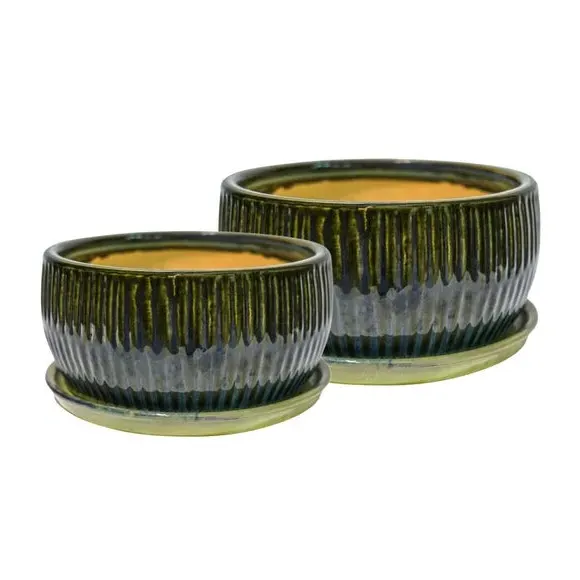 Set of 2 Round Plant Pots - Green, Reactive Glaze