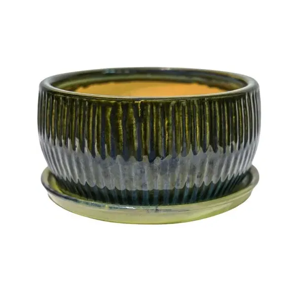 Set of 2 Round Plant Pots - Green, Reactive Glaze