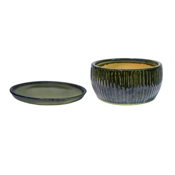 Set of 2 Round Plant Pots - Green, Reactive Glaze