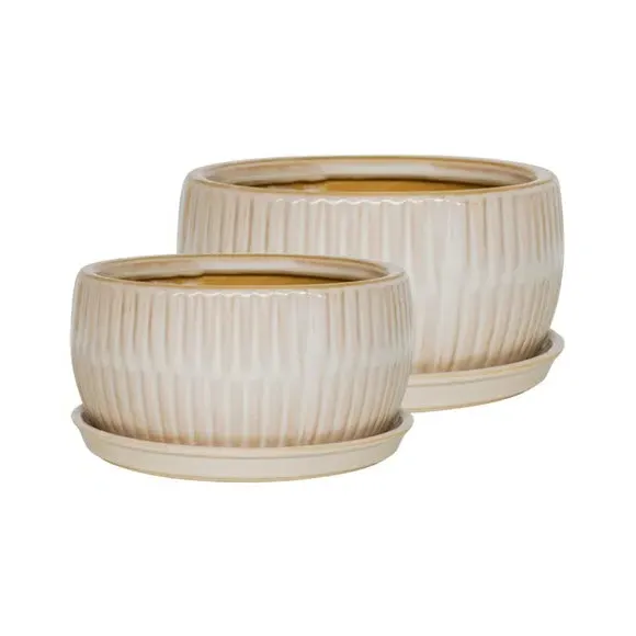 Set of 2 Round Plant Pots - White, Reactive Glaze