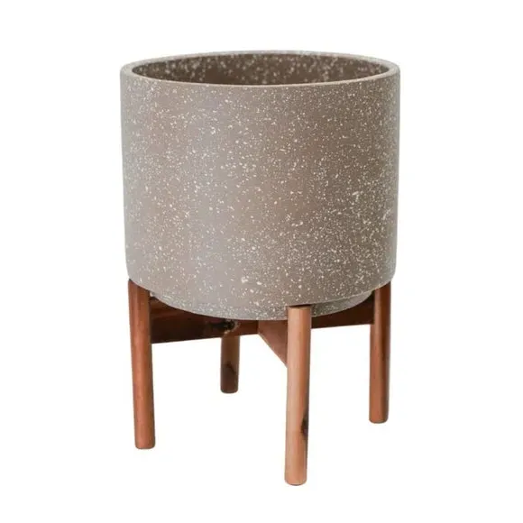 Speckled Plant Pot with Stand - Brown, Ceramic