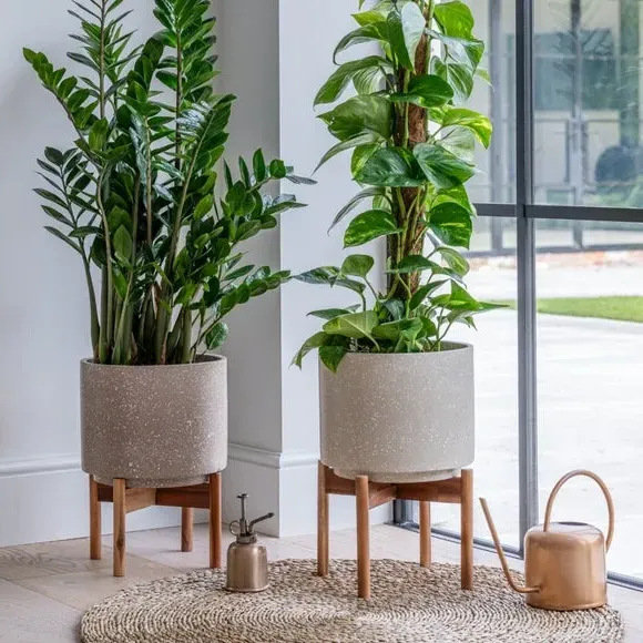 Speckled Plant Pot with Stand - Brown, Ceramic
