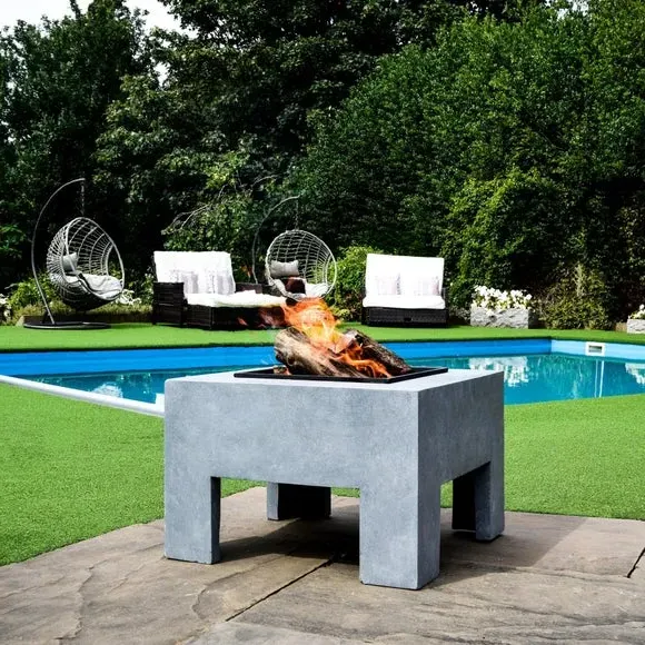 Square Fire Bowl with Console - Grey, Cement