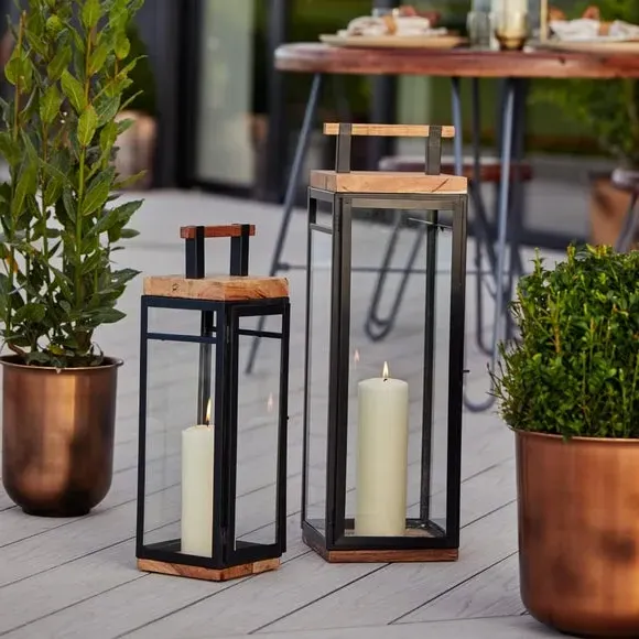 Tall Lantern with Handle - Black, Acacia Wood image