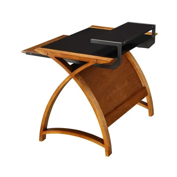 Curved Desk with Monitor Shelf - Walnut, Wood Veneer