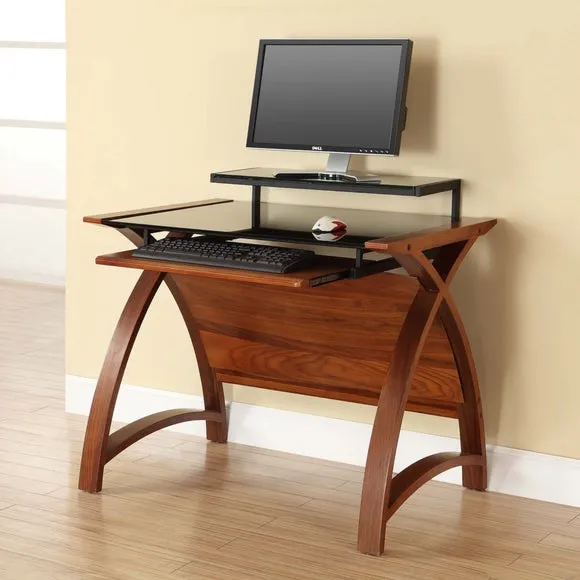 Curved Desk with Monitor Shelf - Walnut, Wood Veneer