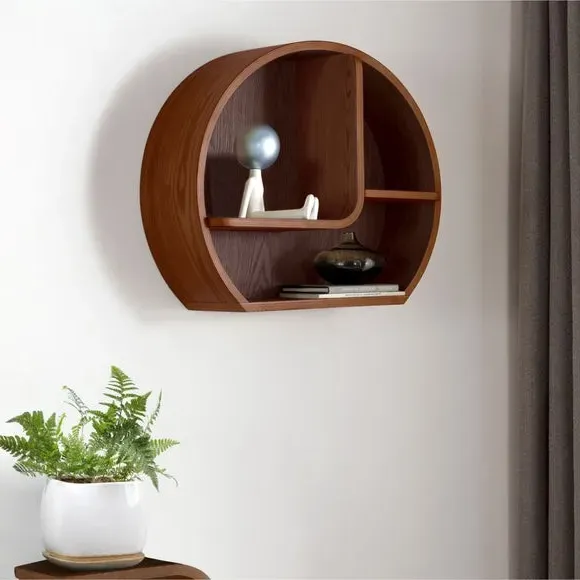 Curved Wall Shelf with Open Storage - Walnut