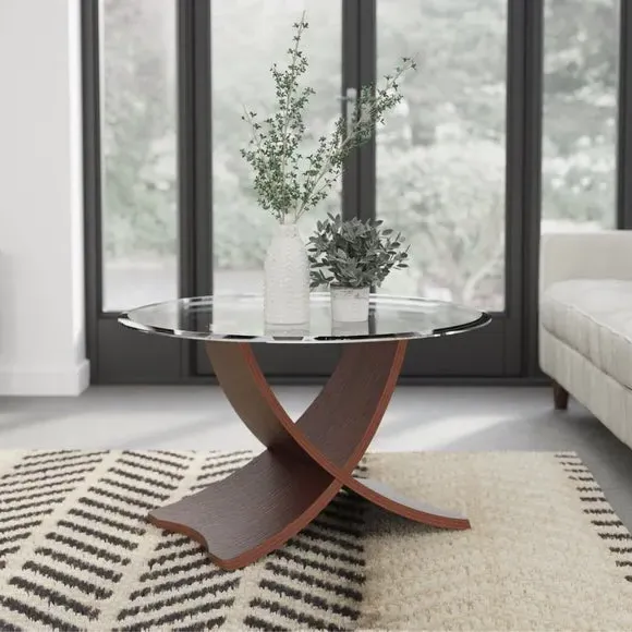 Round Coffee Table Curved Design - Walnut, Glass