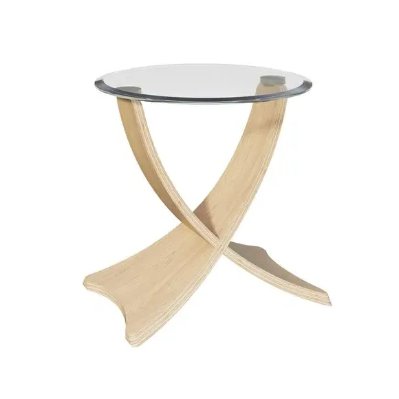 Round Side Table with Curved Design - Oak, Glass