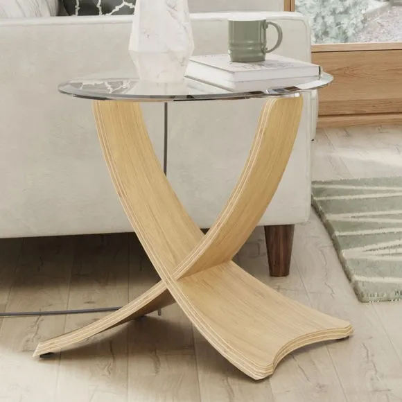 Round Side Table with Curved Design - Oak, Glass