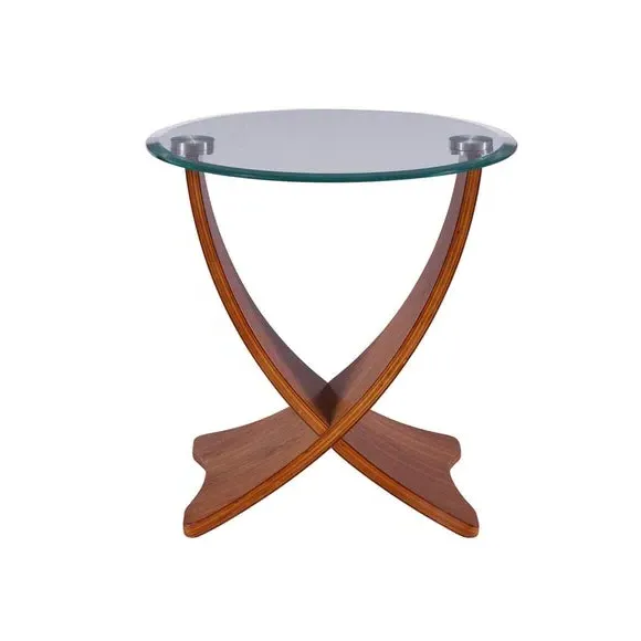 Round Side Table with Curved Design - Walnut, Glass