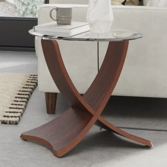 Round Side Table with Curved Design - Walnut, Glass