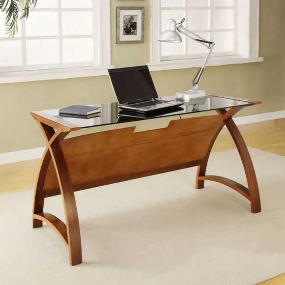 Wide Desk with Curved Design - Walnut, Wood Veneer