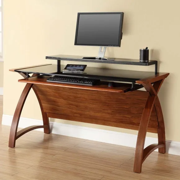 Wide Desk with Monitor Shelf - Walnut, Wood Veneer
