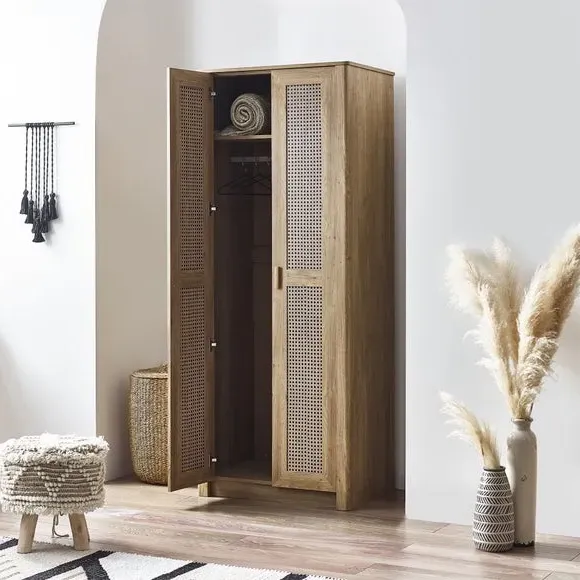 2-Door Wardrobe with Rattan Design - Brown, Oak