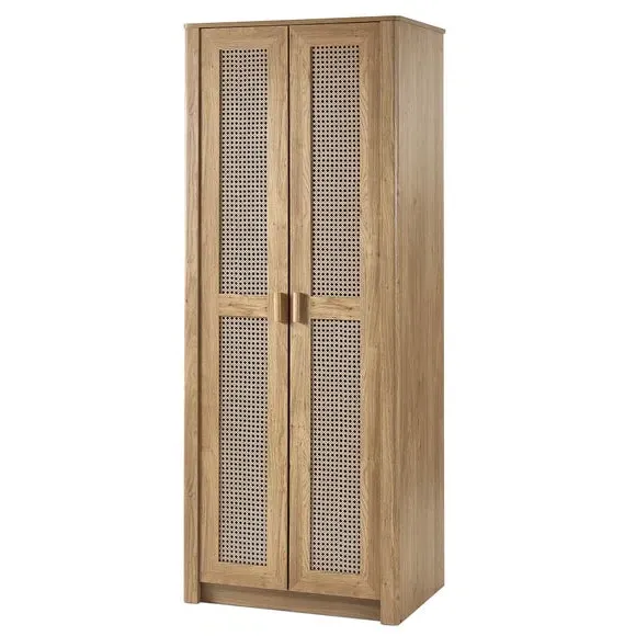 2-Door Wardrobe with Rattan Design - Brown, Oak