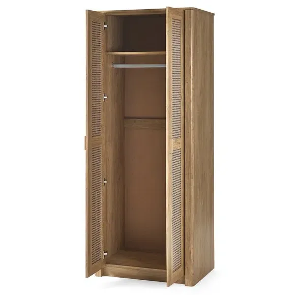 2-Door Wardrobe with Rattan Design - Brown, Oak