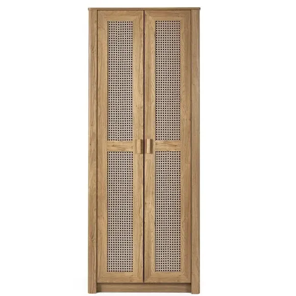 2-Door Wardrobe with Rattan Design - Brown, Oak