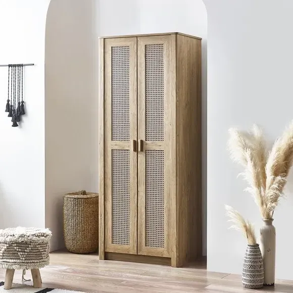2-Door Wardrobe with Rattan Design - Brown, Oak image