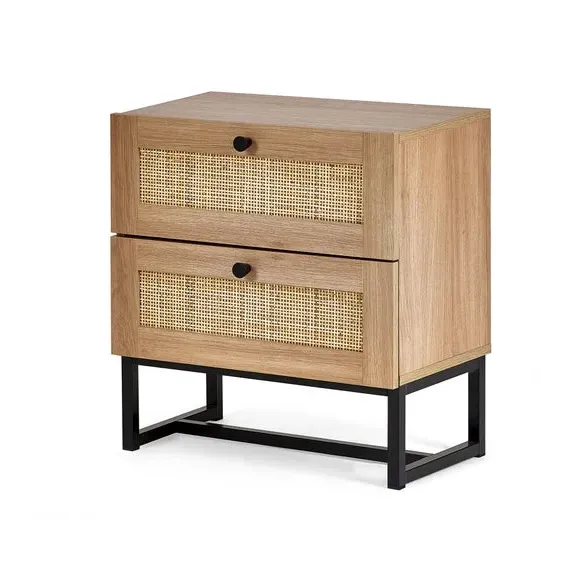 2 Drawer Bedside Table with Rattan - Oak