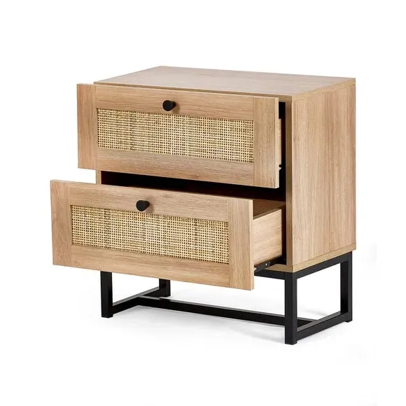 2 Drawer Bedside Table with Rattan - Oak