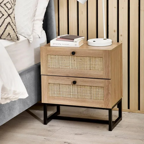 2 Drawer Bedside Table with Rattan - Oak image