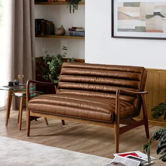 2-Seater Sofa with Ribbed Detail - Brown, Faux Leather