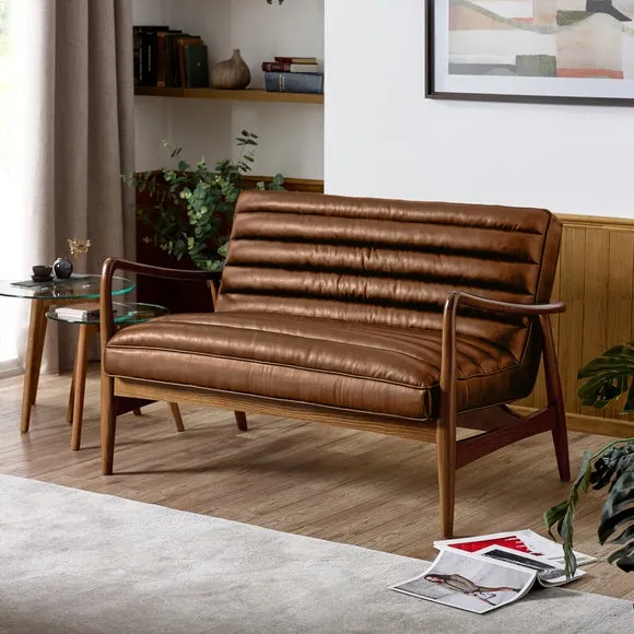 2-Seater Sofa with Ribbed Detail - Brown, Faux Leather