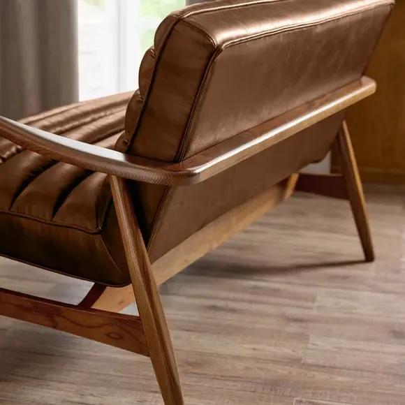 2-Seater Sofa with Ribbed Detail - Brown, Faux Leather